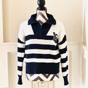 Lou & Grey Striped White & Blue Varsity Letter Half Zip Oversized Sweater